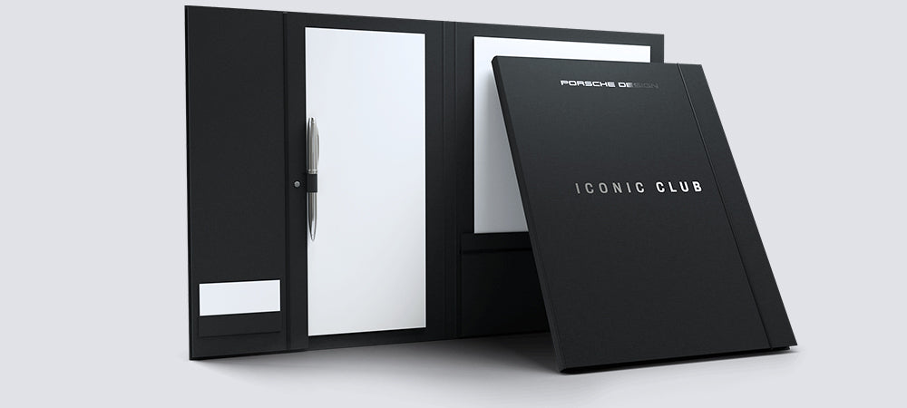 Custom presentation folder with embossed logo and premium linen paper